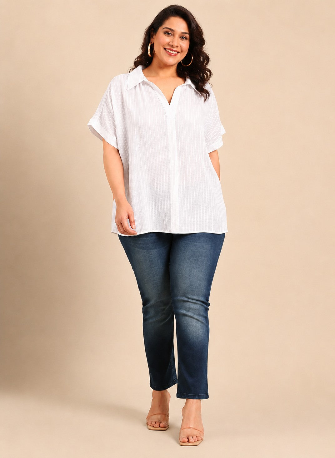 White Semi-Sheer Collar Neck Drop Shoulder Top