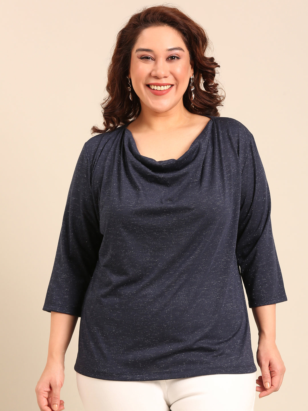Navy Lurex Viscose Cowl Neck Top