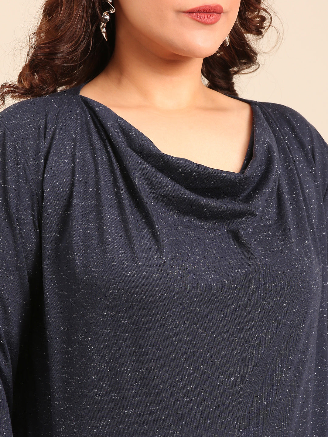 Navy Lurex Viscose Cowl Neck Top