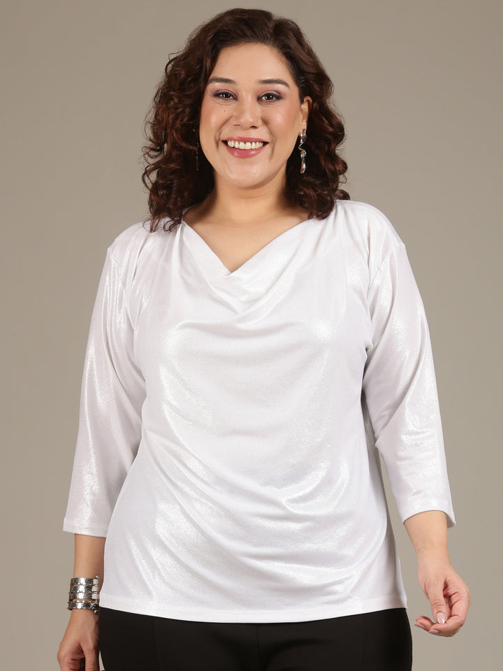 White Shimmer Cowl Neck Top