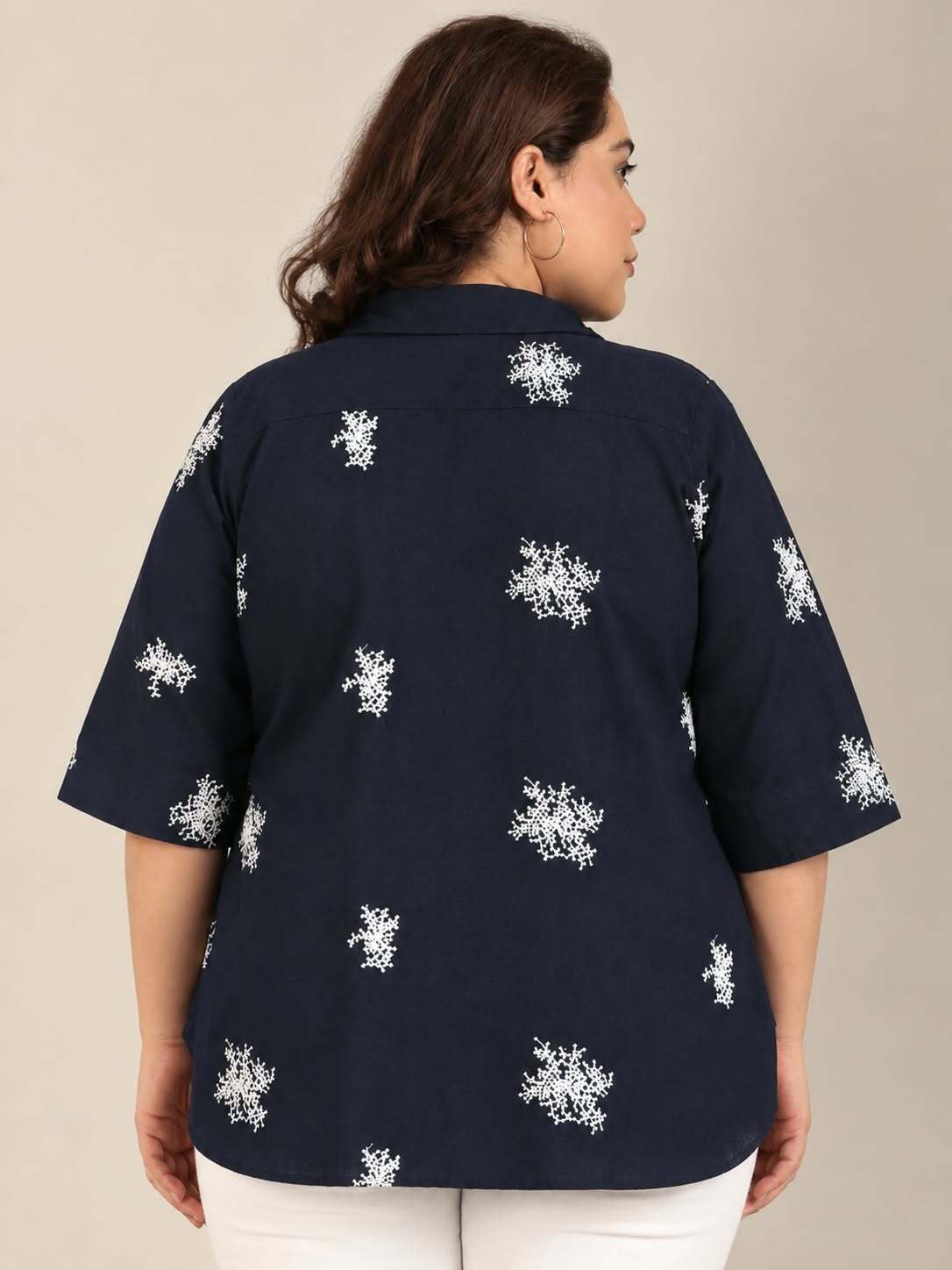 Navy-White Embroidered Collar Neck Top