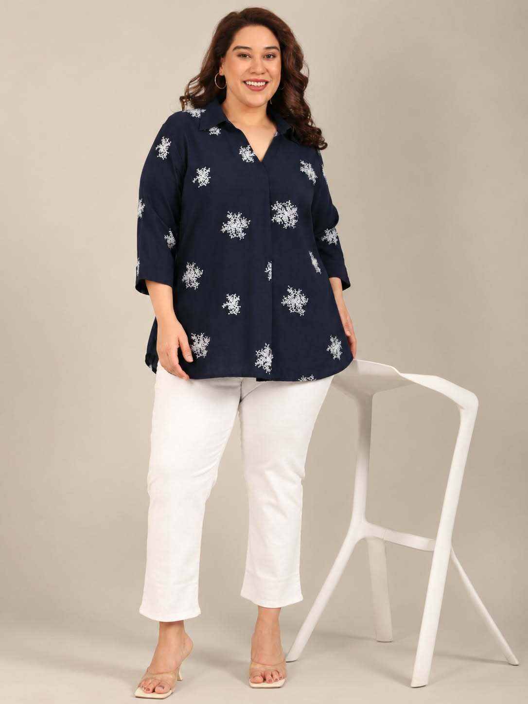 Navy-White Embroidered Collar Neck Top