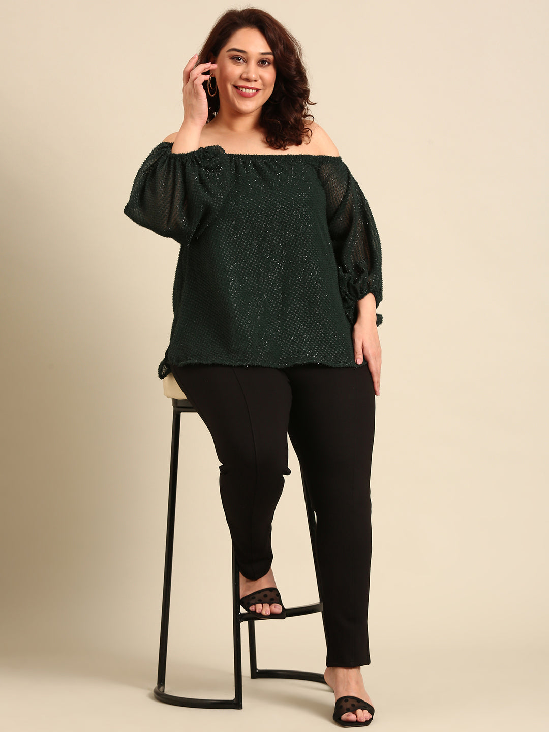 Green Embossed Off-Shoulder Top