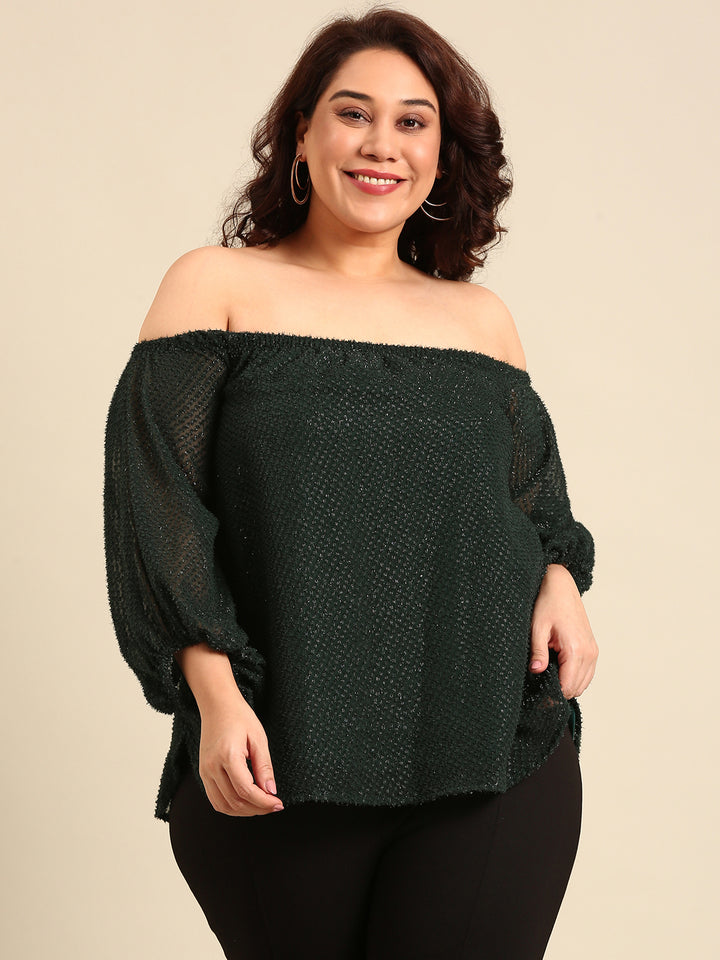 Green Embossed Off-Shoulder Top