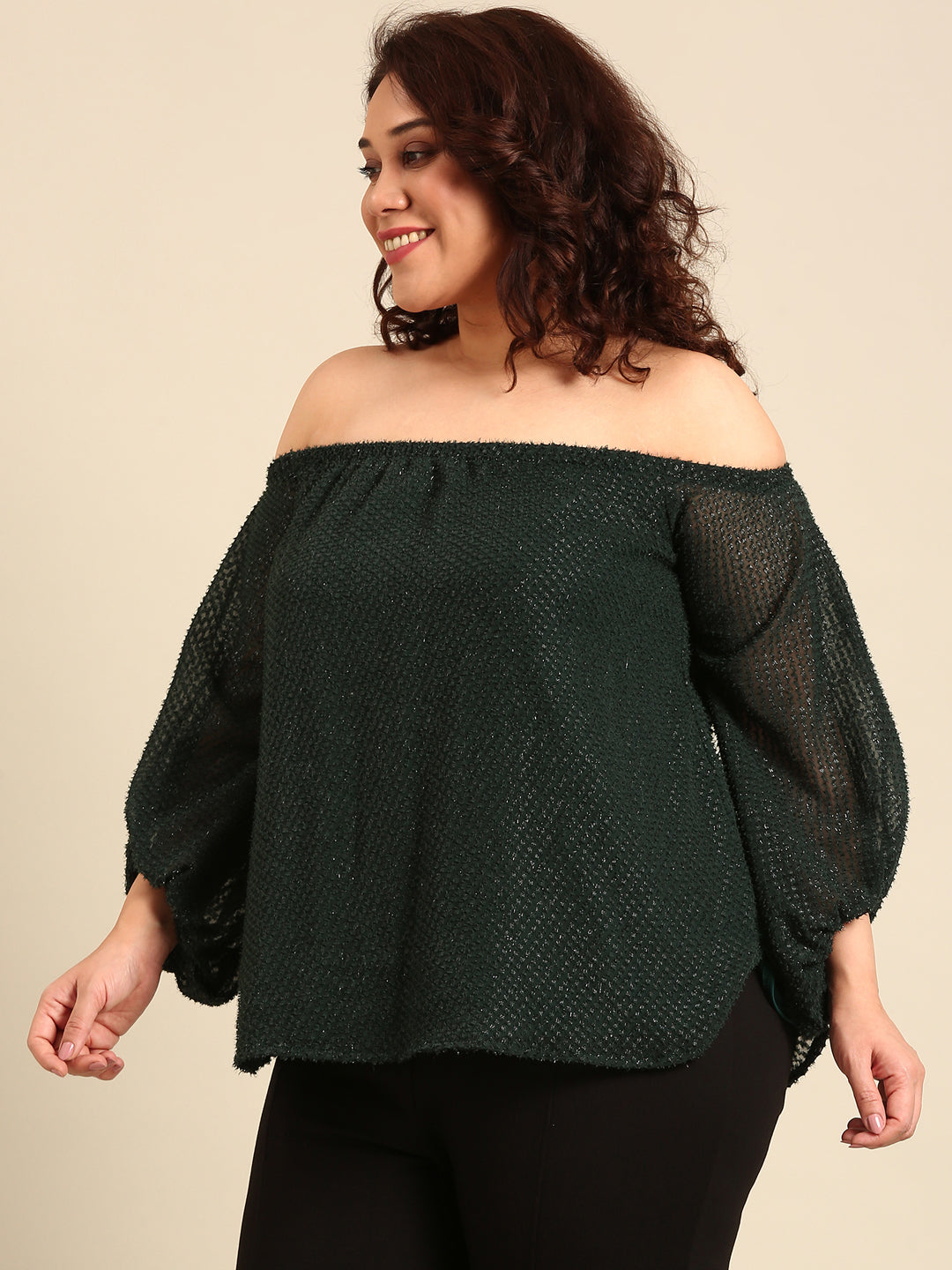 Green Embossed Off-Shoulder Top