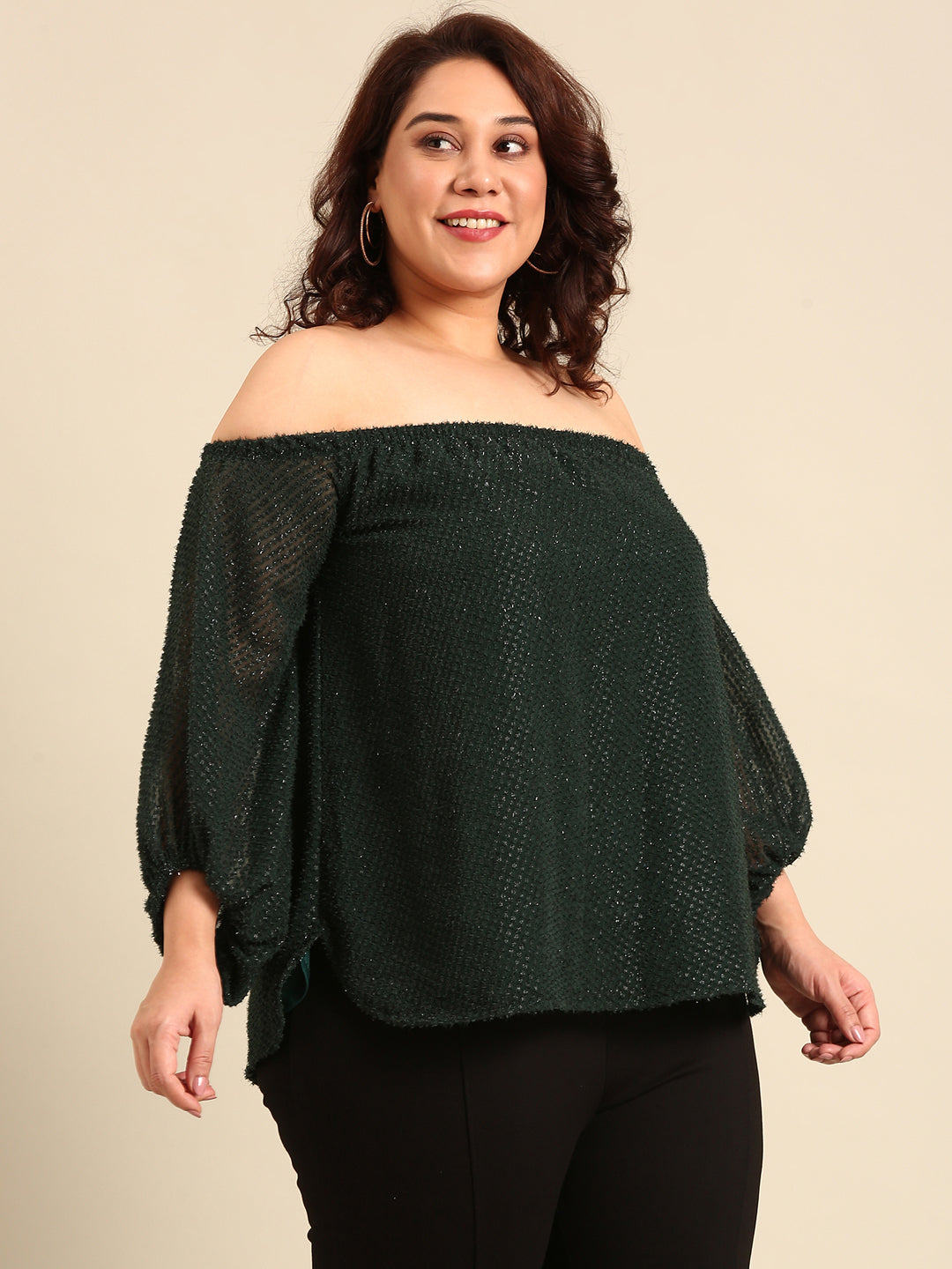 Green Embossed Off-Shoulder Top