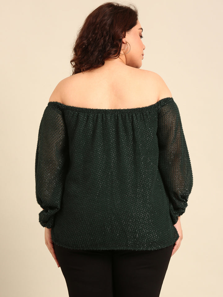 Green Embossed Off-Shoulder Top