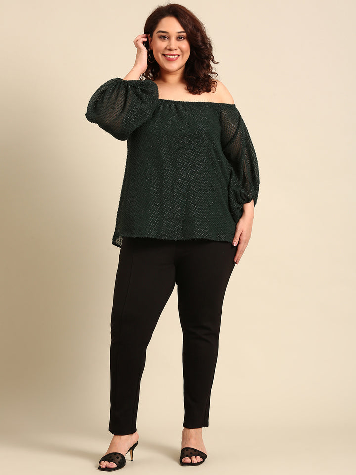 Green Embossed Off-Shoulder Top