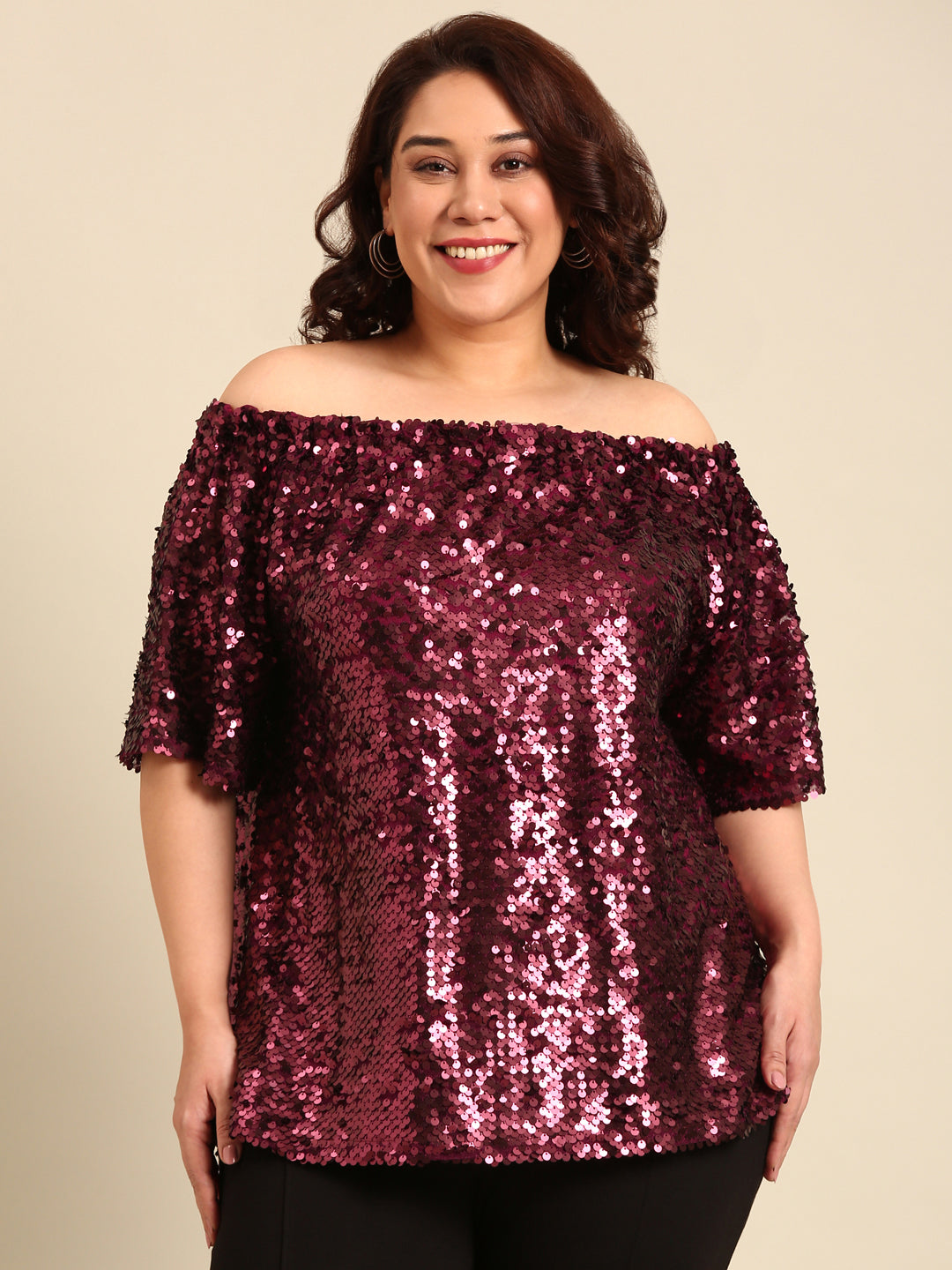 Maroon Sequin Off-shoulder Top