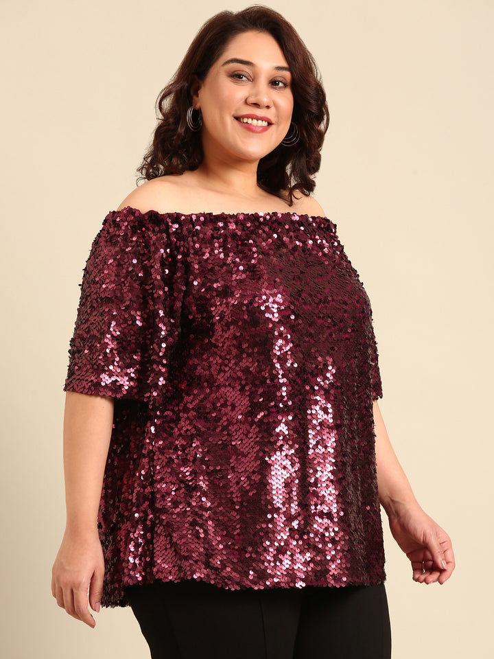 Maroon Sequin Off-shoulder Top