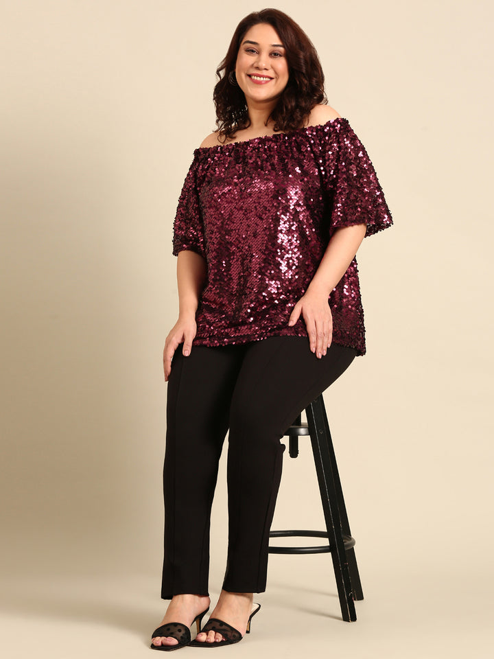 Maroon Sequin Off-shoulder Top