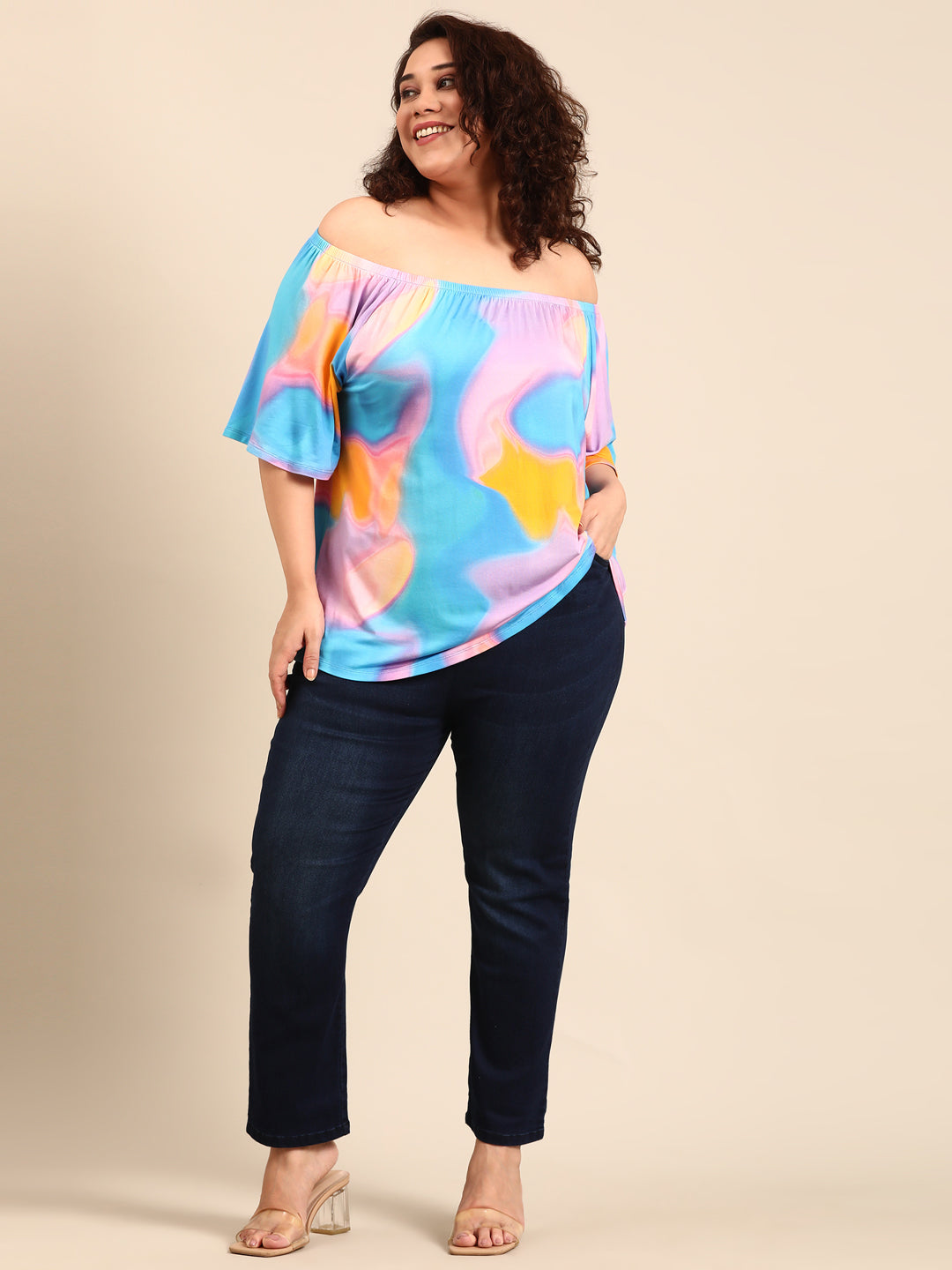 Multicolor Off-Shoulder Bell Sleeve Top