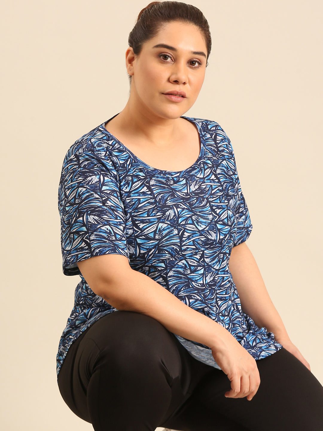 Plus Size Blue Abstract Longline Top