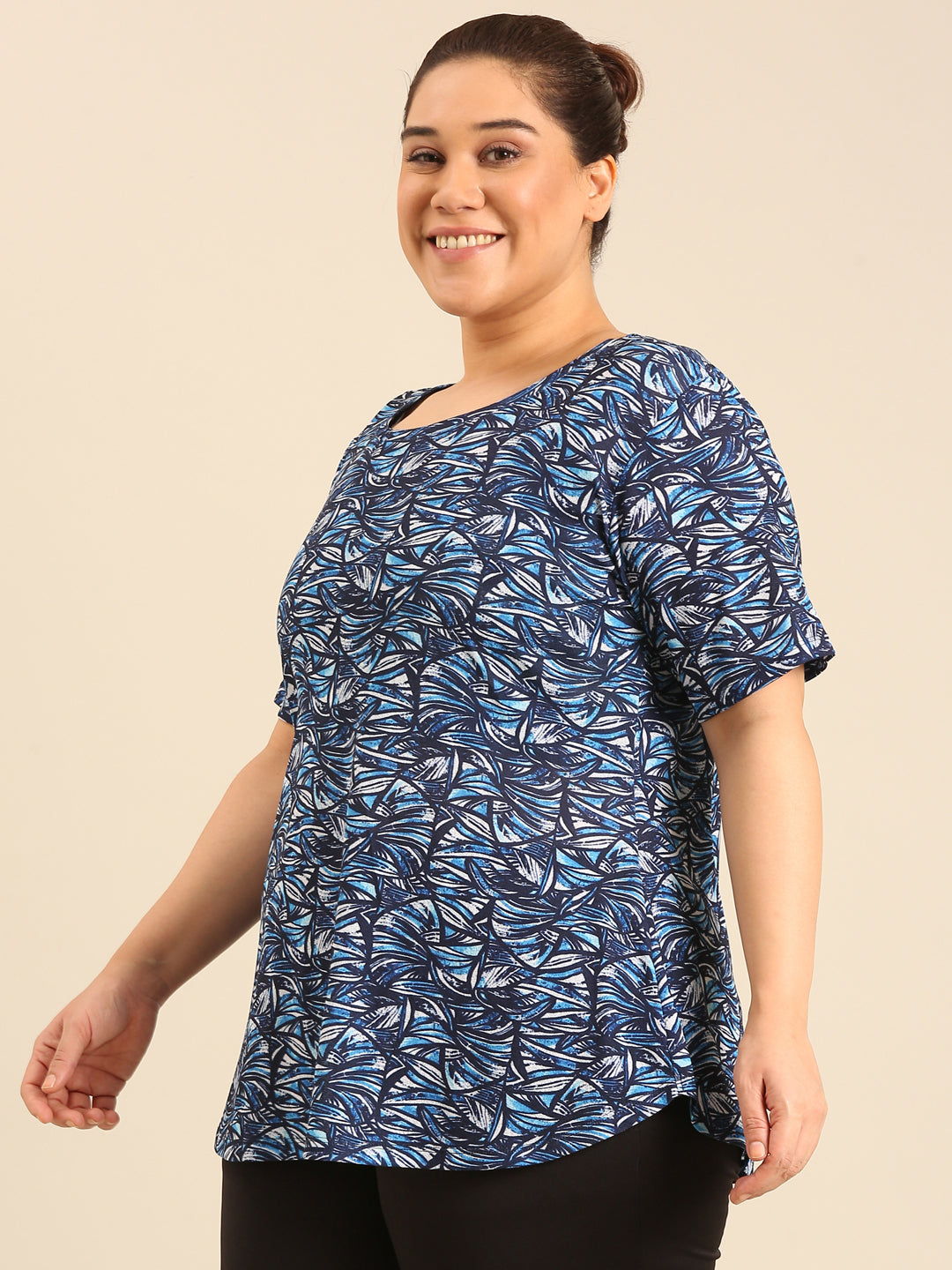 Plus Size Blue Abstract Longline Top