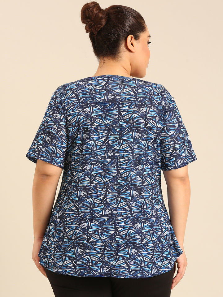 Plus Size Blue Abstract Longline Top