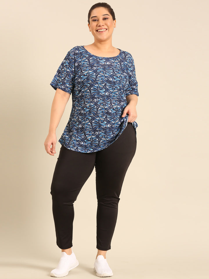 Plus Size Blue Abstract Longline Top