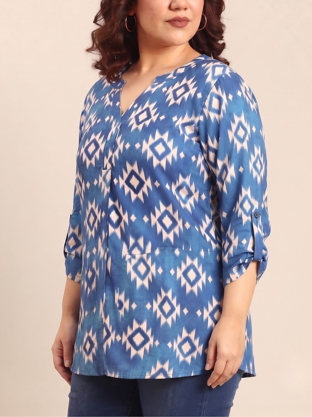 Cobalt Ikkat Printed V-Neck Top