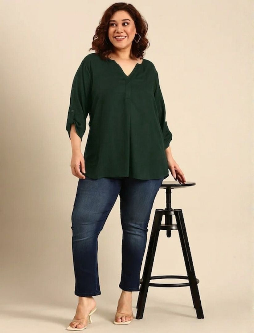Solid Green V-Neck Top