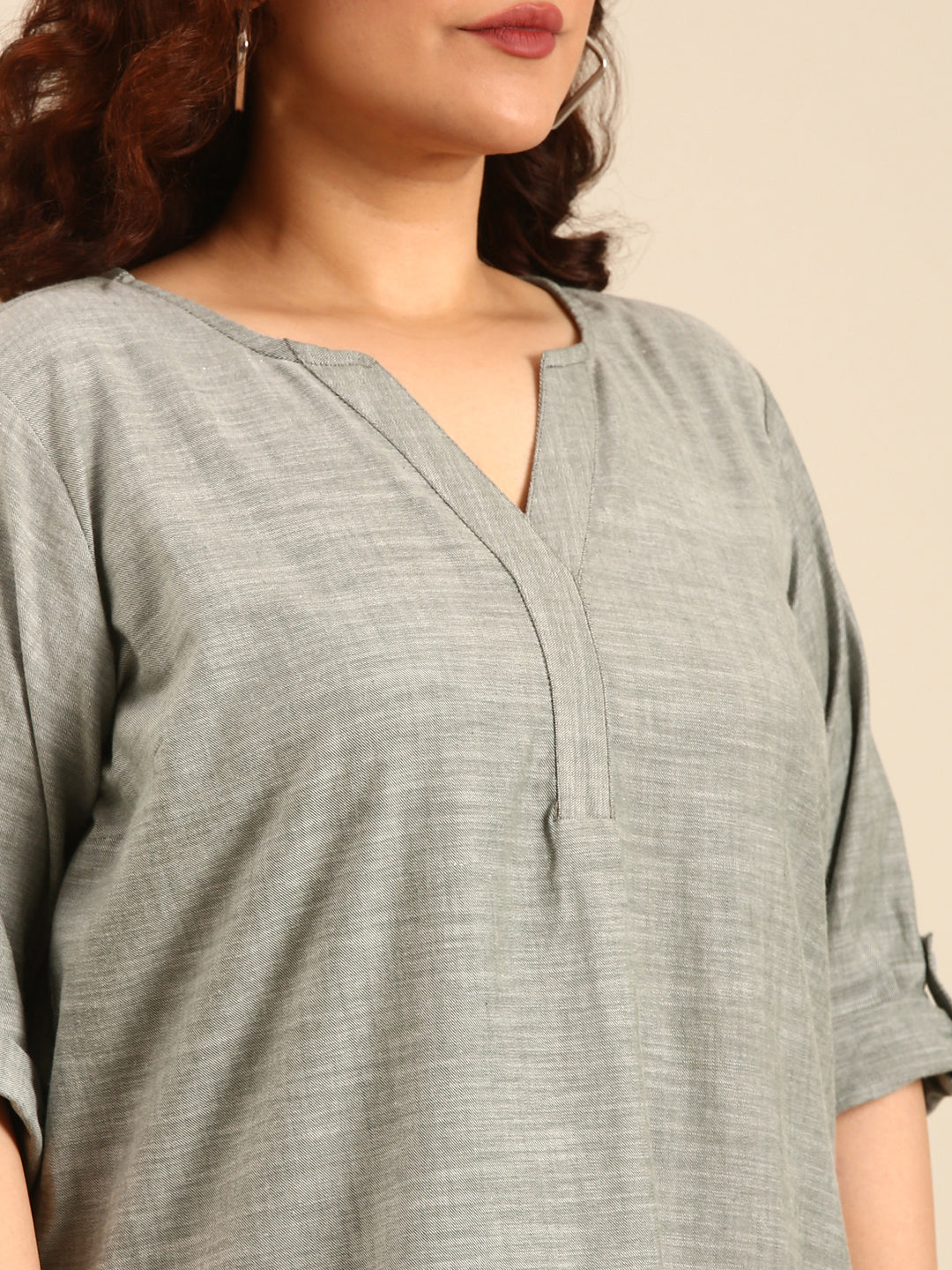 Green Slub Cotton V-Neck top
