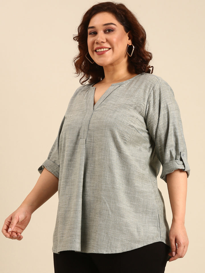 Green Slub Cotton V-Neck top