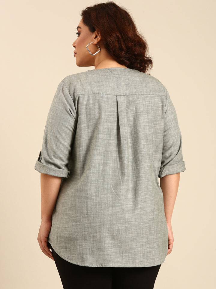 Green Slub Cotton V-Neck top