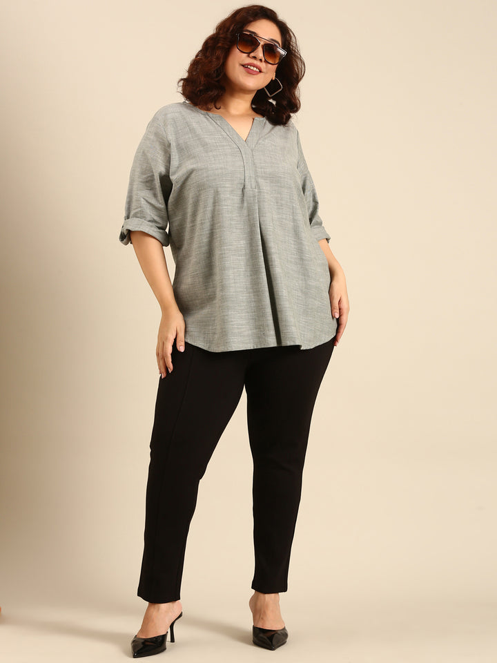 Green Slub Cotton V-Neck top