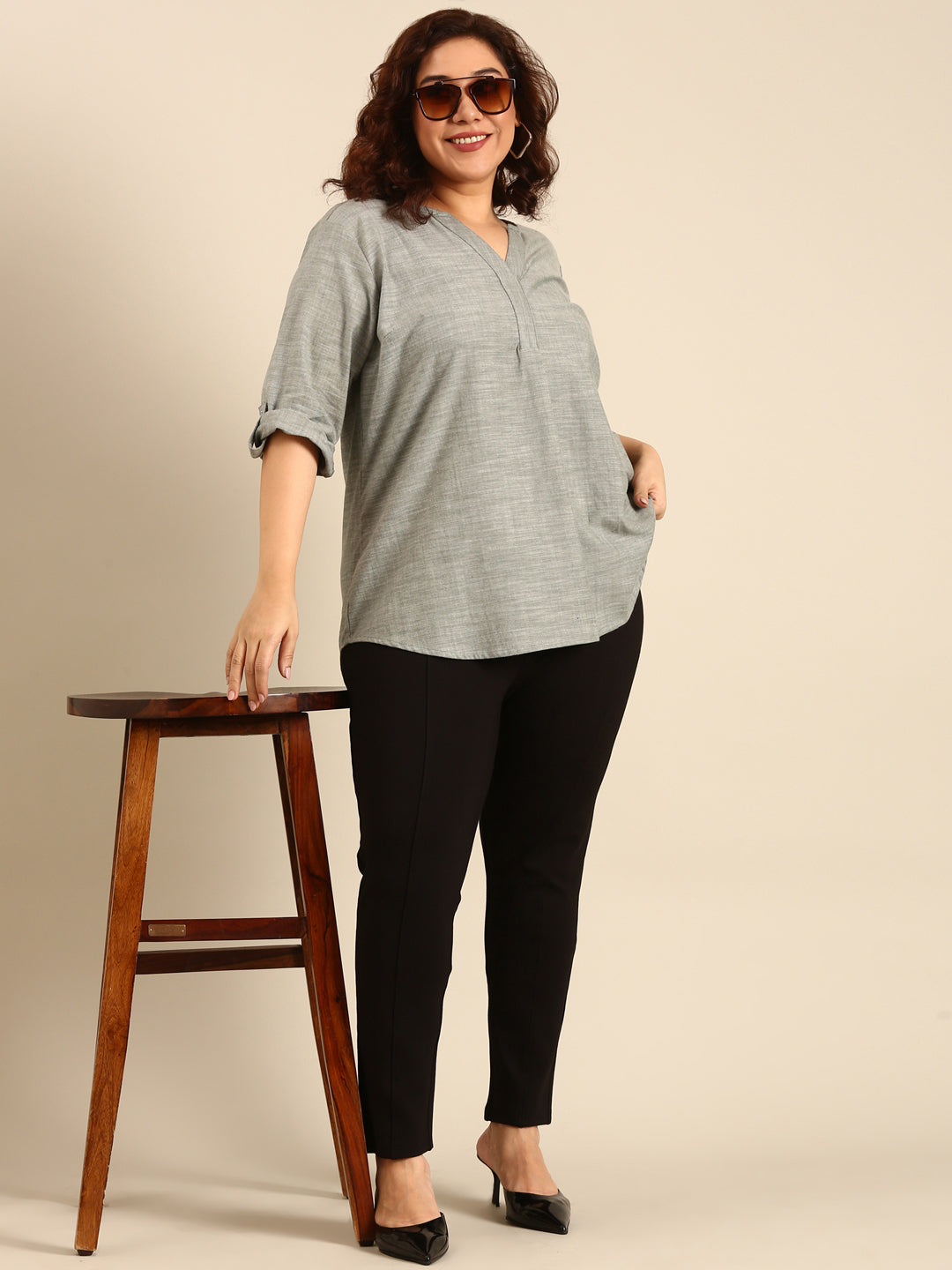 Green Slub Cotton V-Neck top