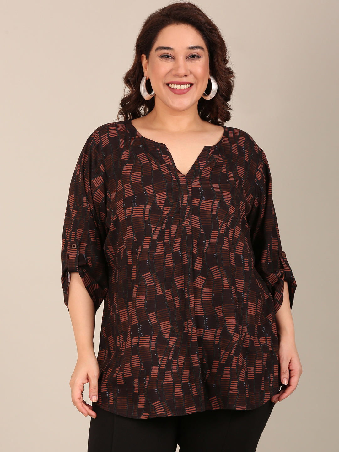 Brown Geometric Print V Neck Top