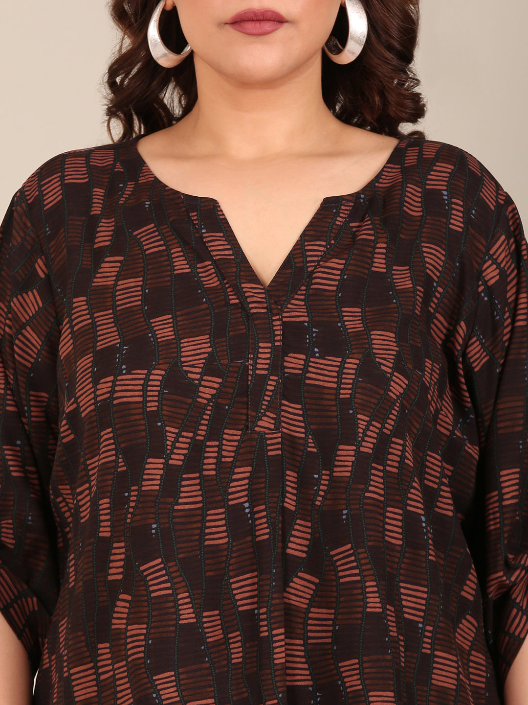 Brown Geometric Print V Neck Top