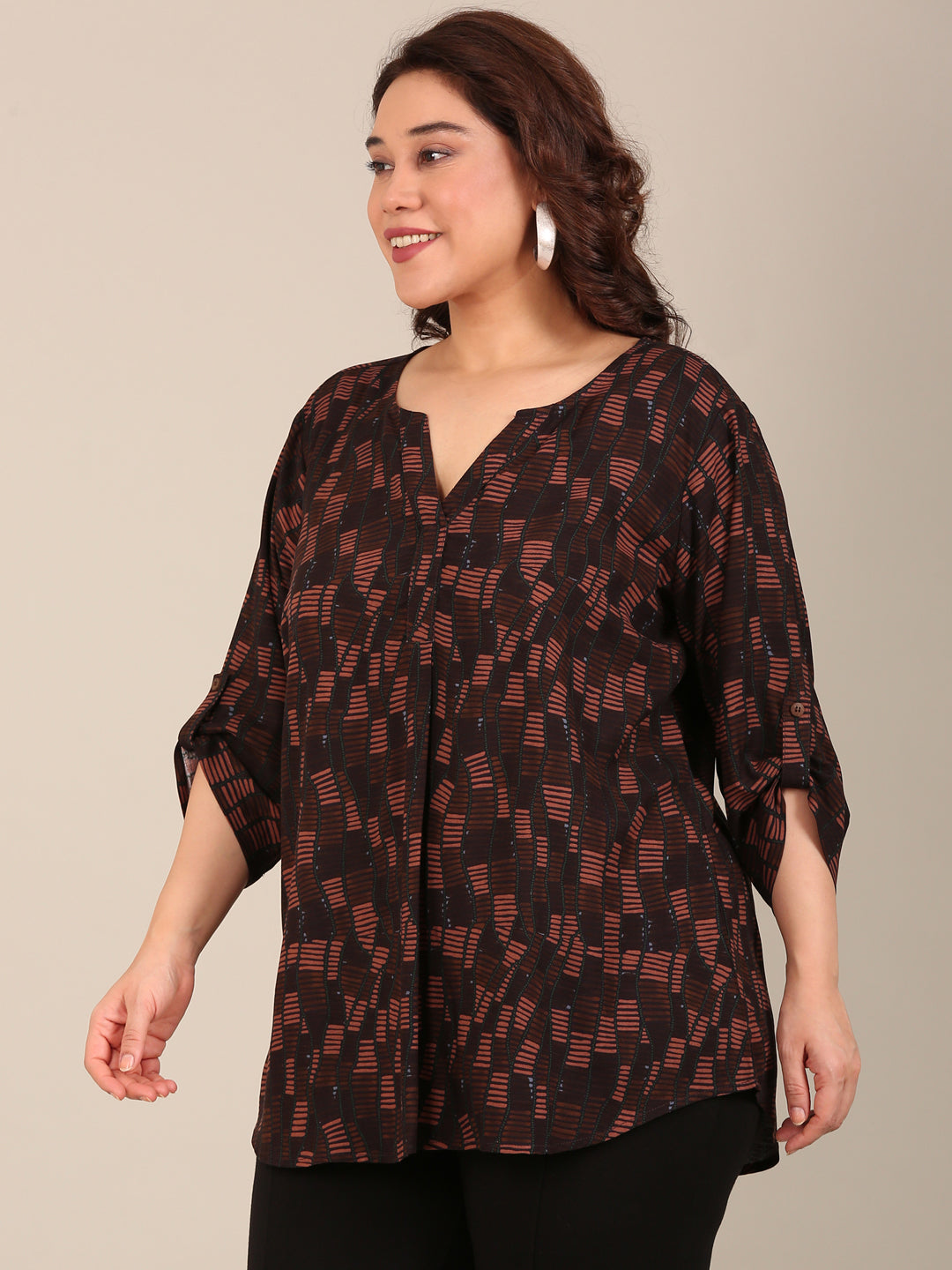 Brown Geometric Print V Neck Top