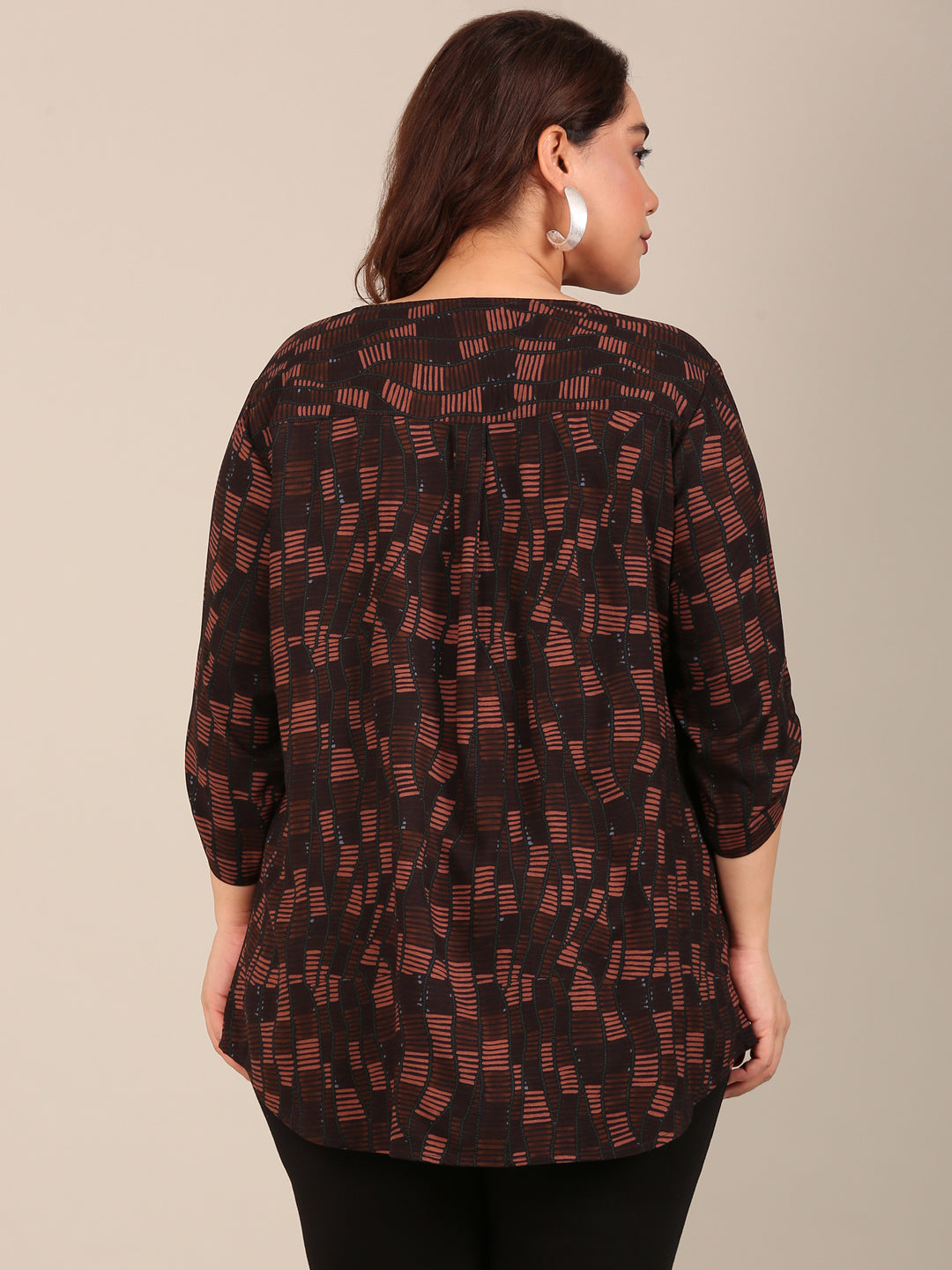 Brown Geometric Print V Neck Top