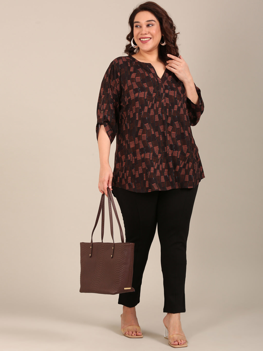Brown Geometric Print V Neck Top