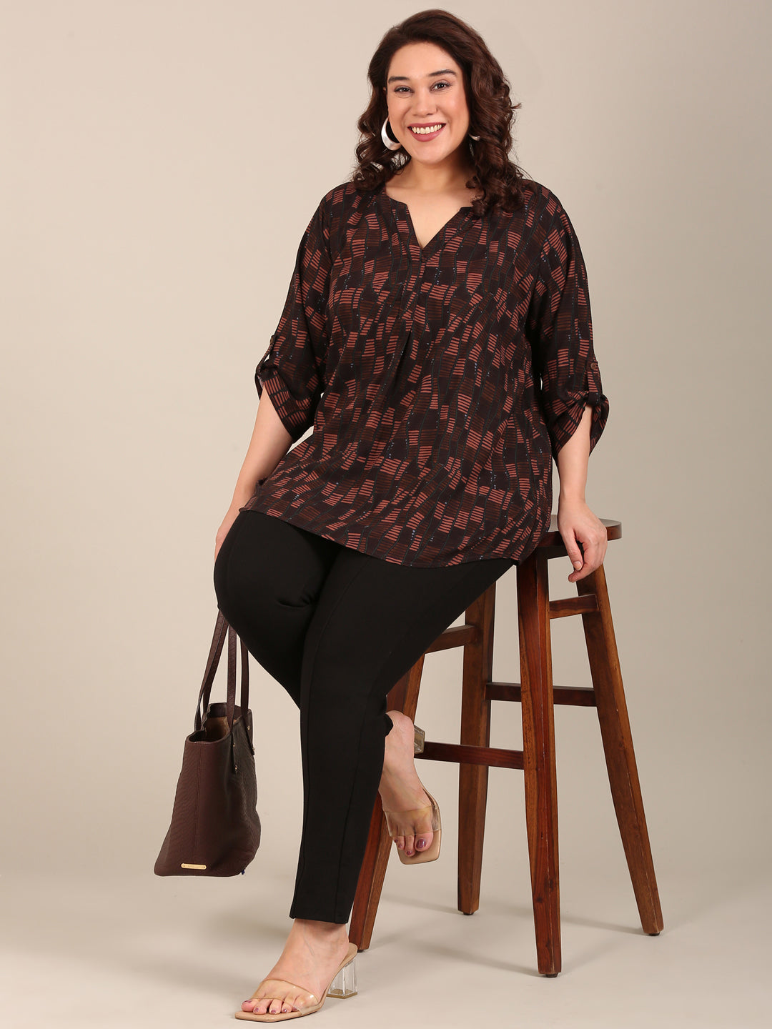 Brown Geometric Print V Neck Top