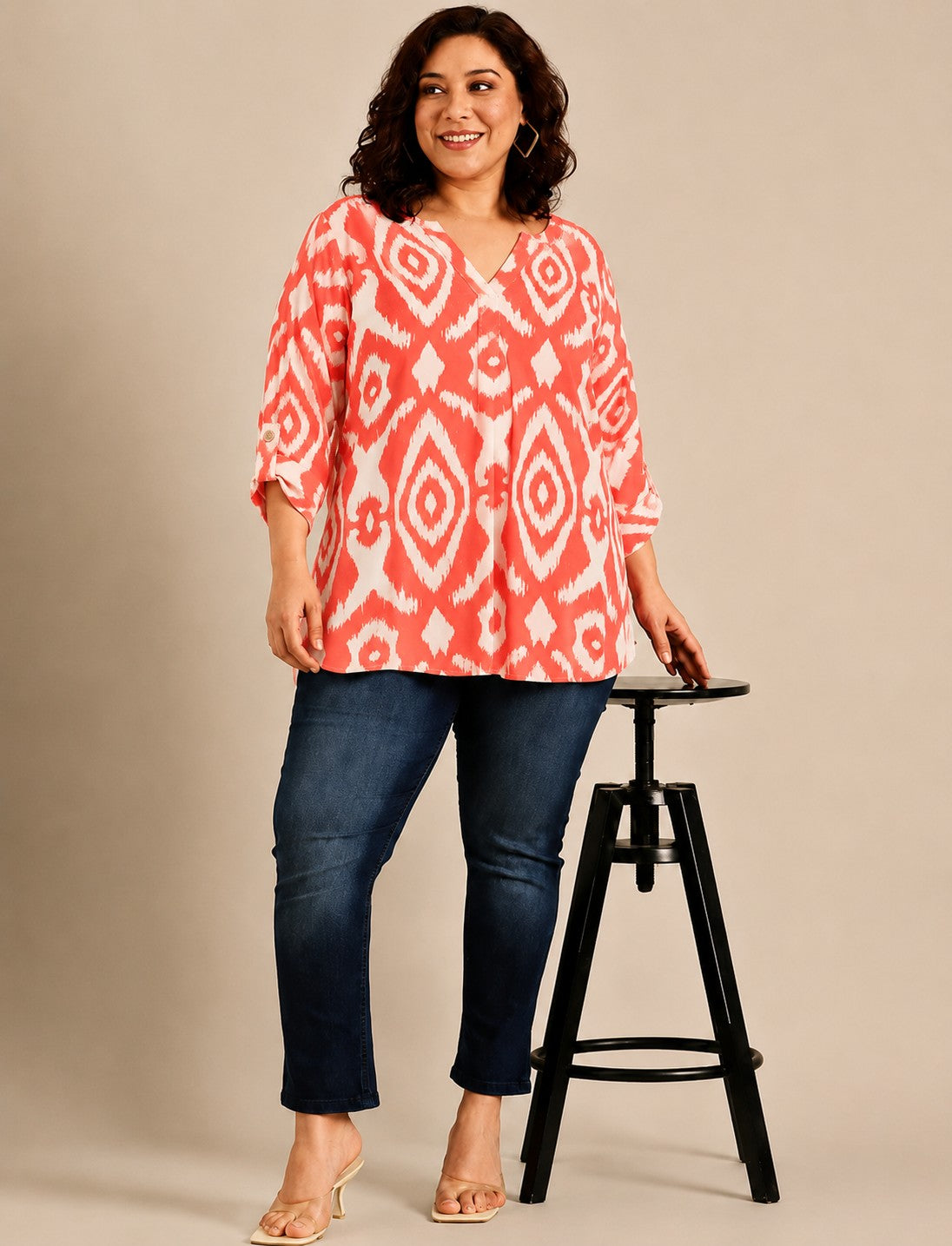 Orange Ikkat Printed V-Neck Top