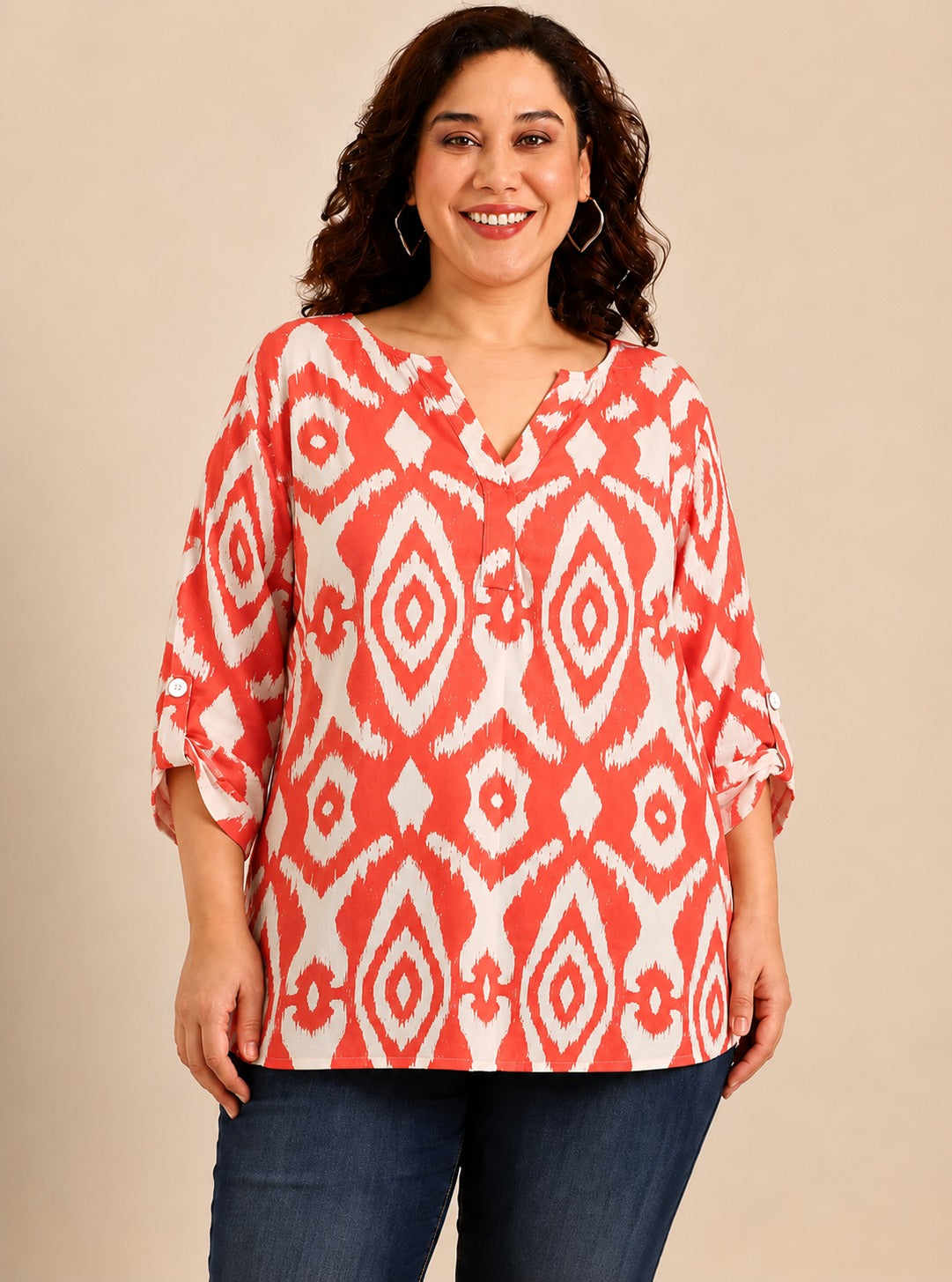 Orange Ikkat Printed V-Neck Top