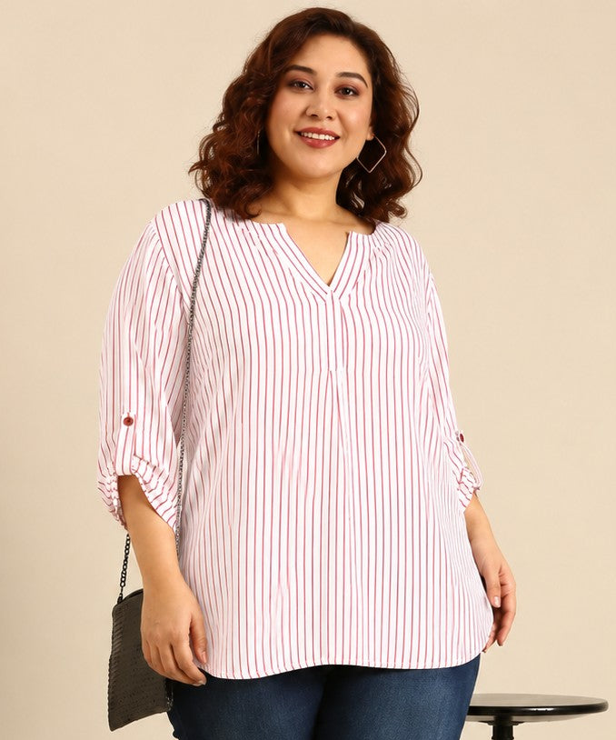Red-White Striped V-Neck Top