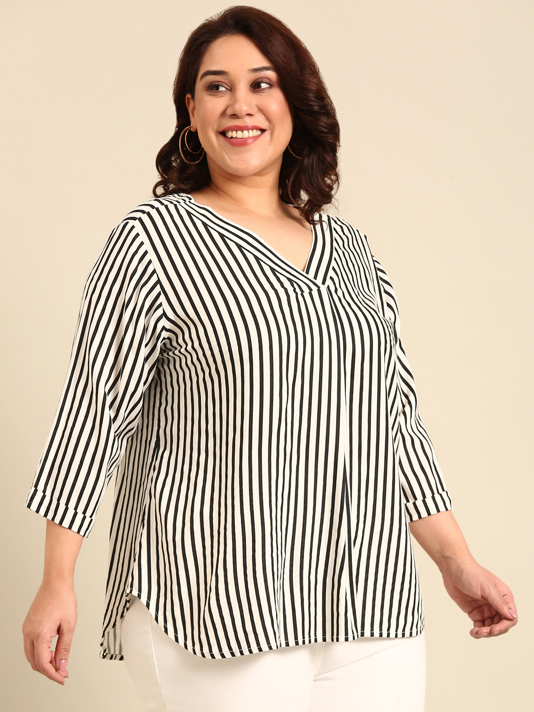 Black And White Stripe V-Neck Top