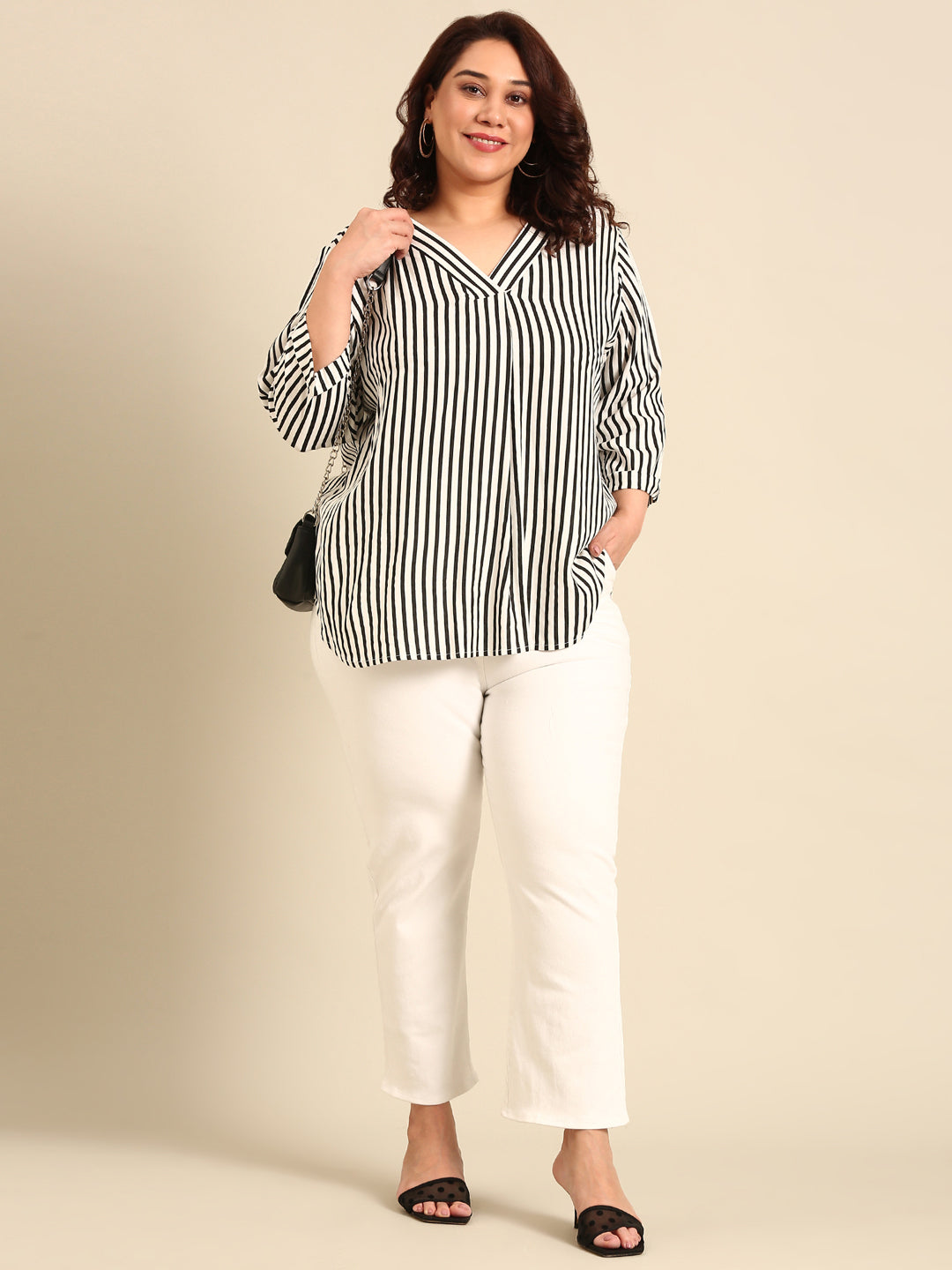 Black And White Stripe V-Neck Top