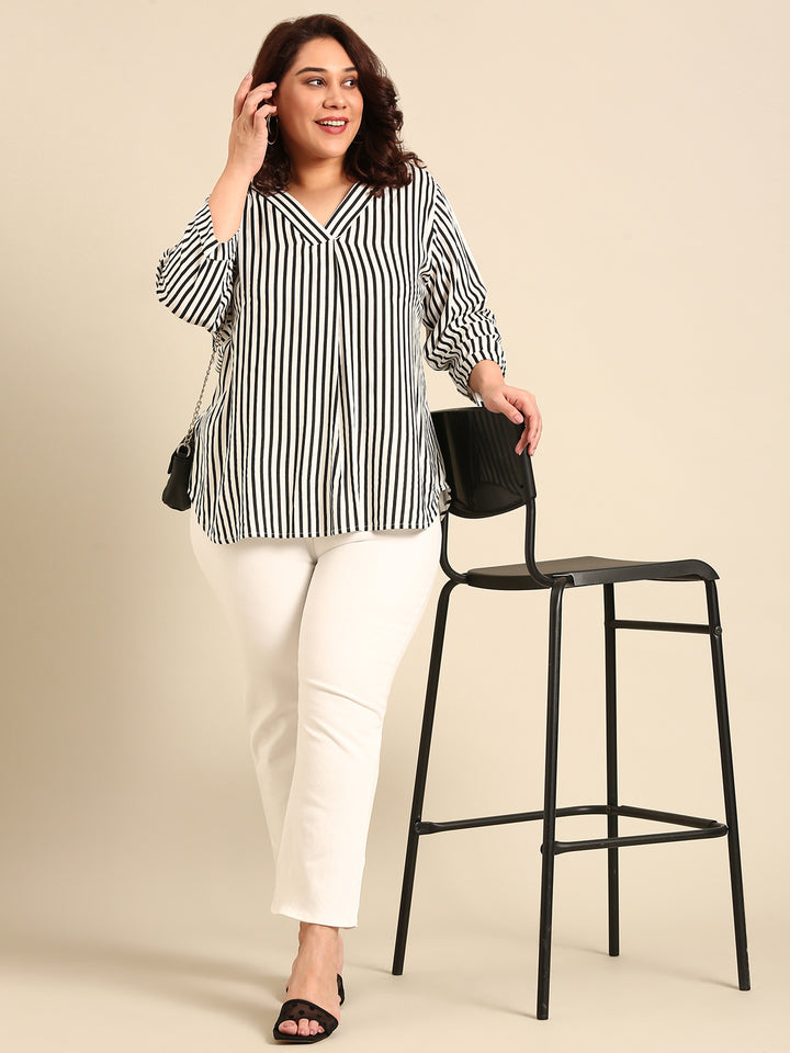 Black And White Stripe V-Neck Top