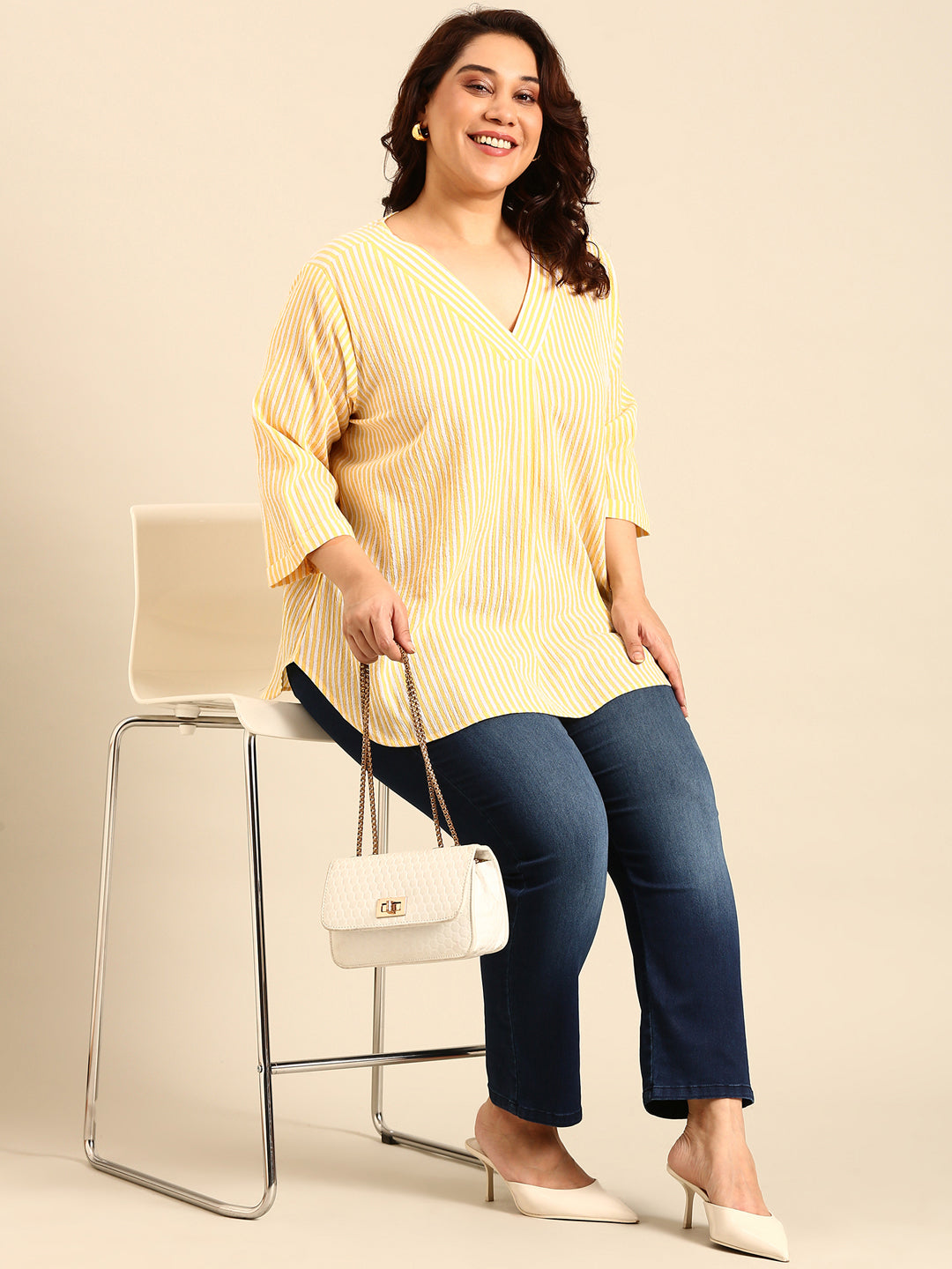 Cotton Yellow Striped Lurex Top