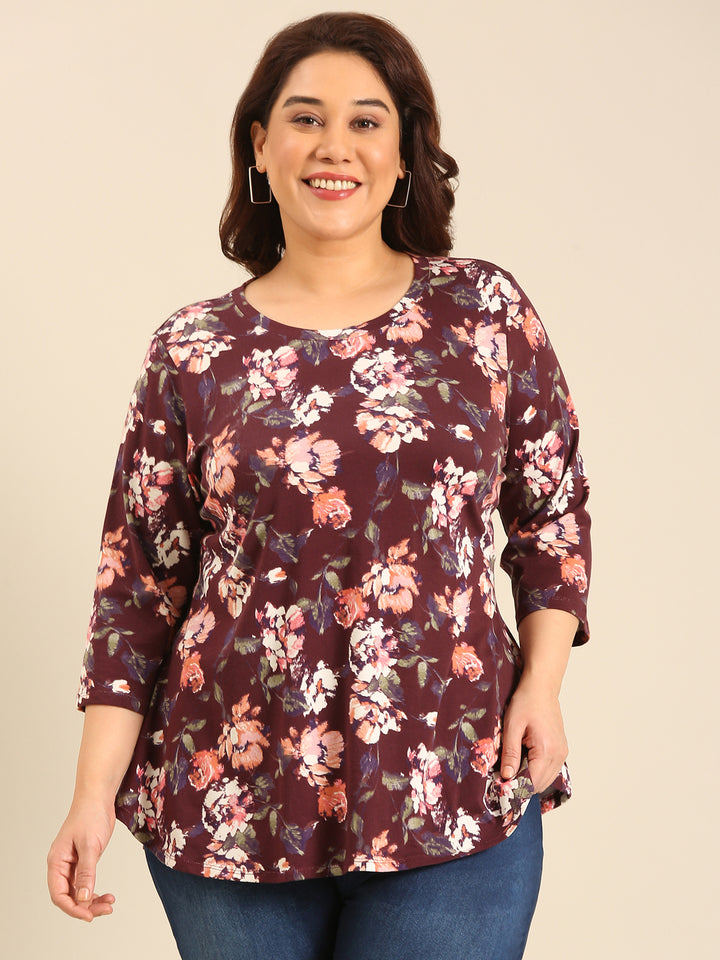 Plus Size Brown Floral Printed Jersey T-shirt