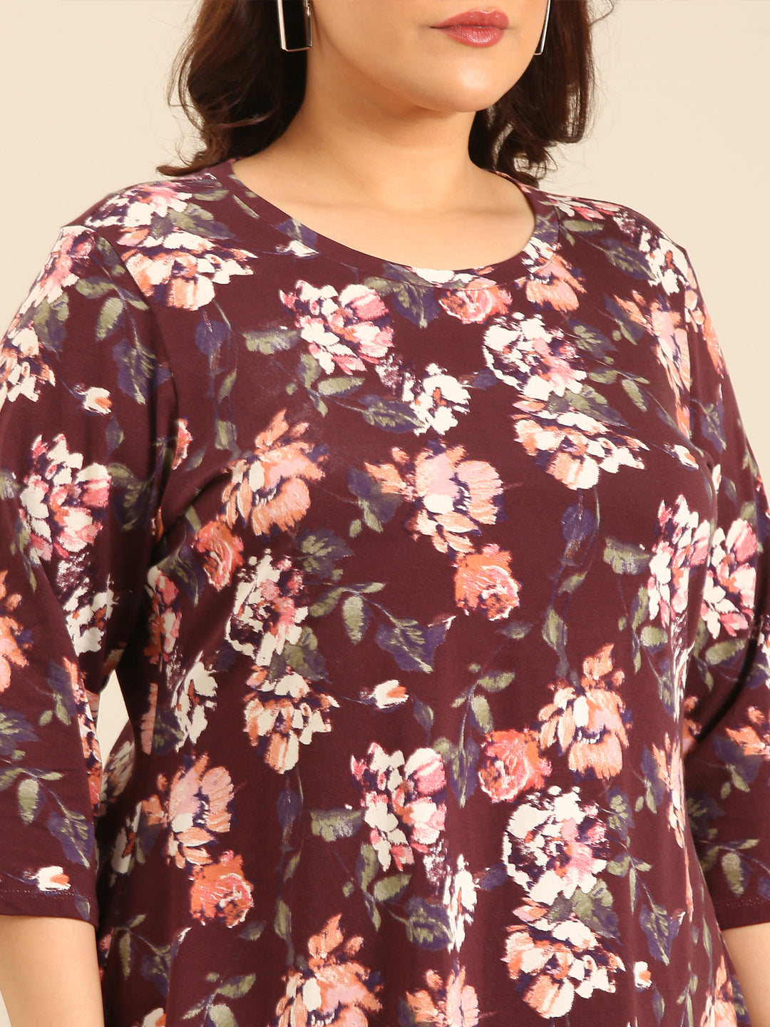 Plus Size Brown Floral Printed Jersey T-shirt