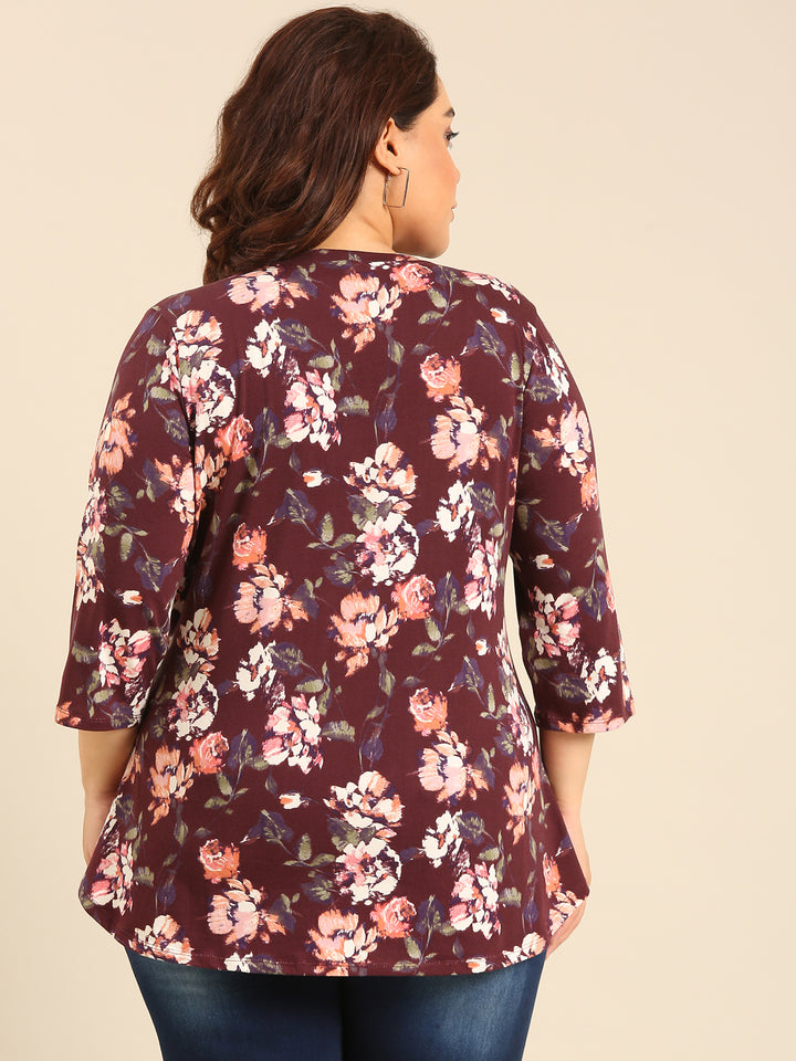 Plus Size Brown Floral Printed Jersey T-shirt