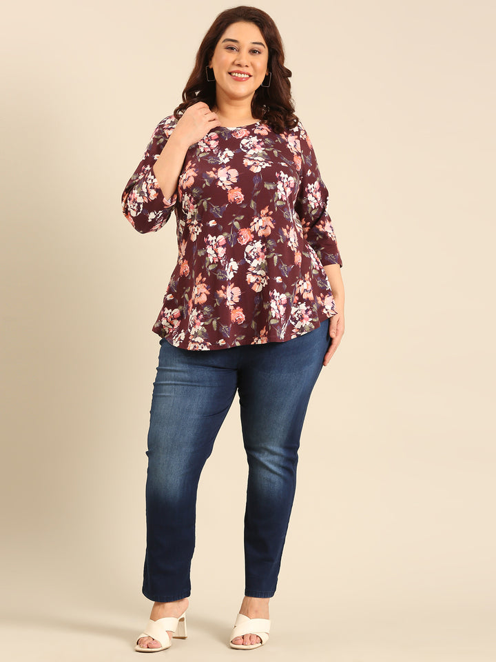 Plus Size Brown Floral Printed Jersey T-shirt