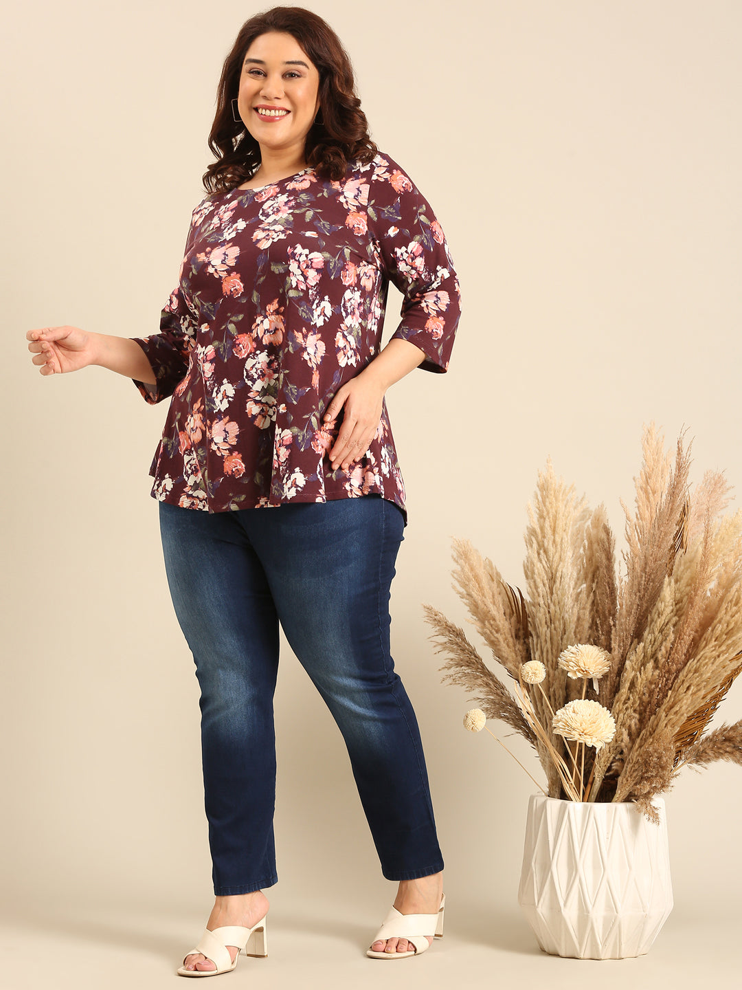 Plus Size Brown Floral Printed Jersey T-shirt