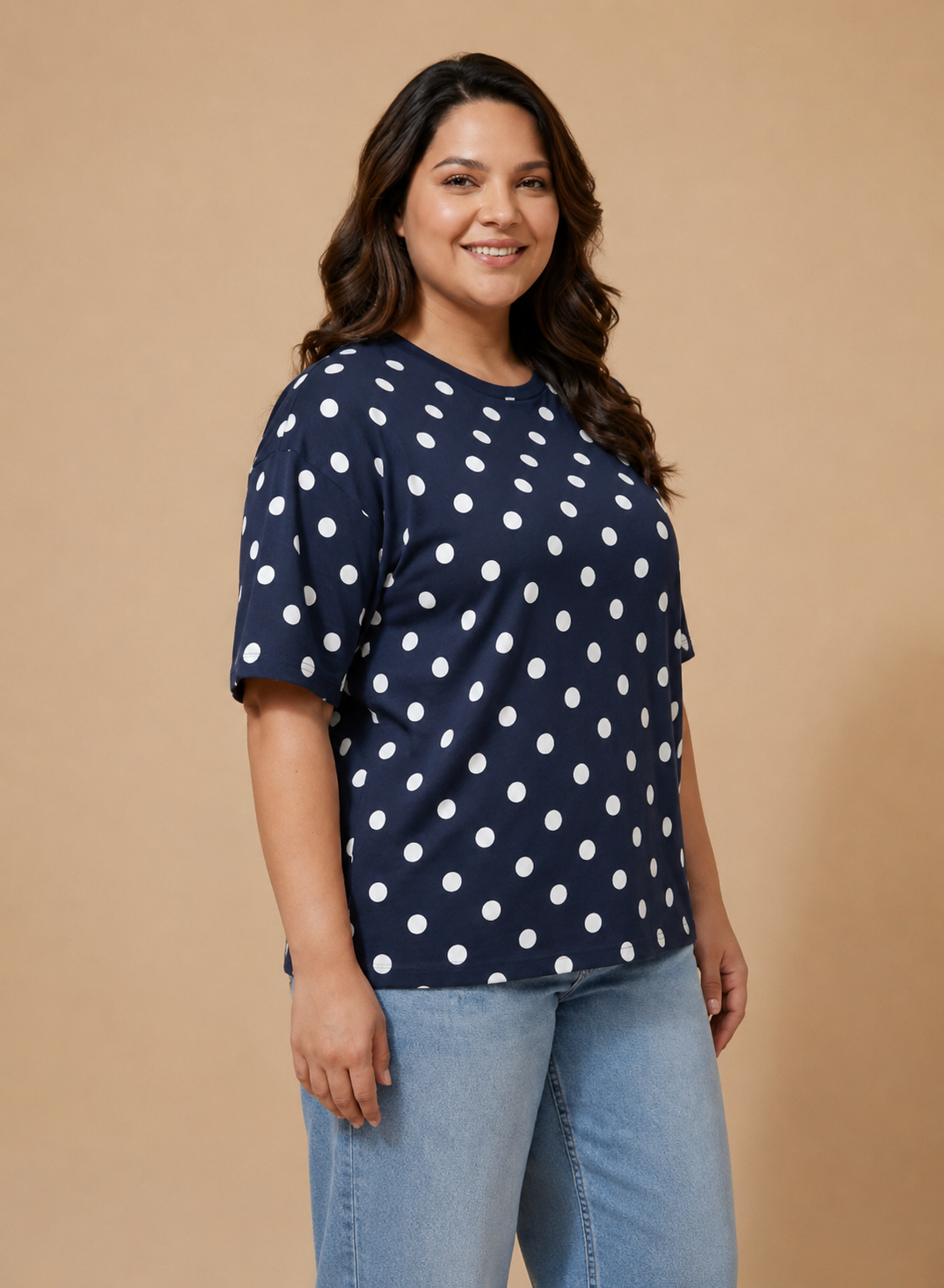 Navy Blue Polka Dot Oversized T-Shirt