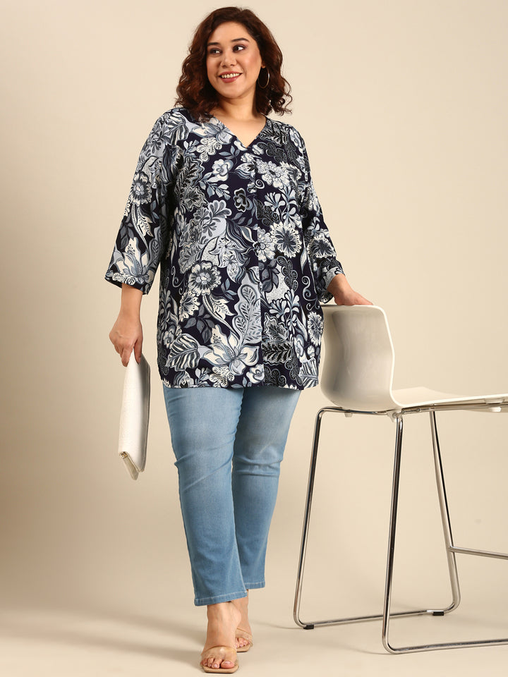 Navy Floral Long Line Tunic