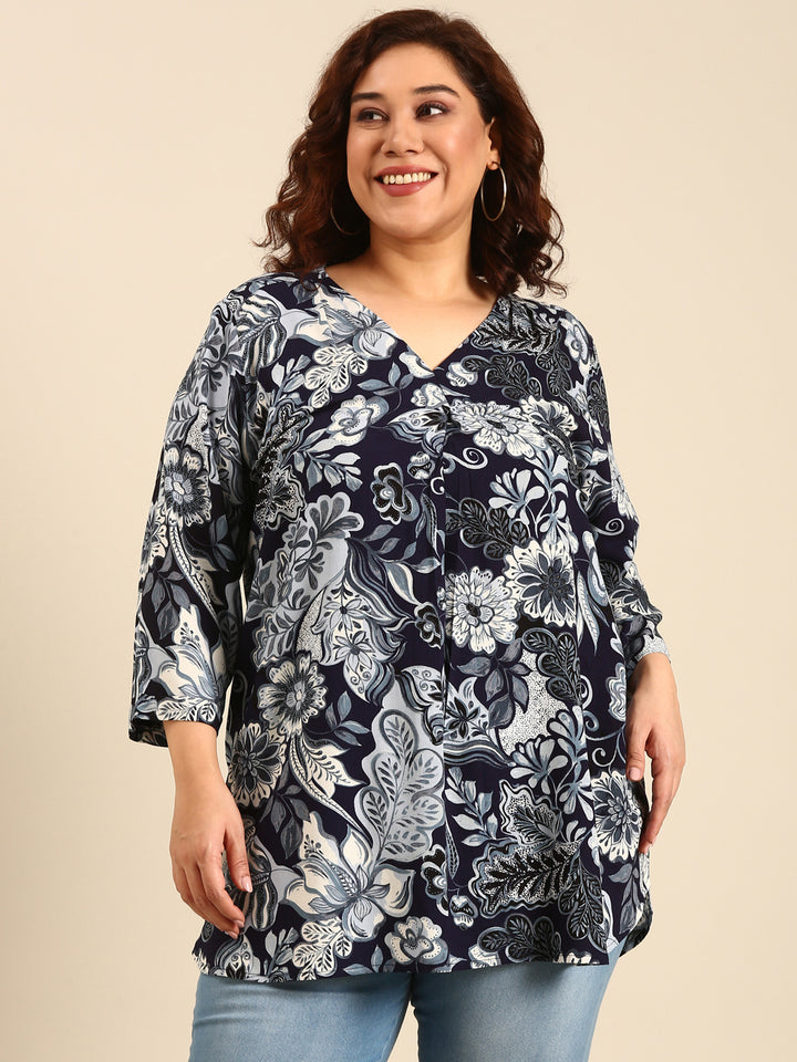 Navy Floral Long Line Tunic