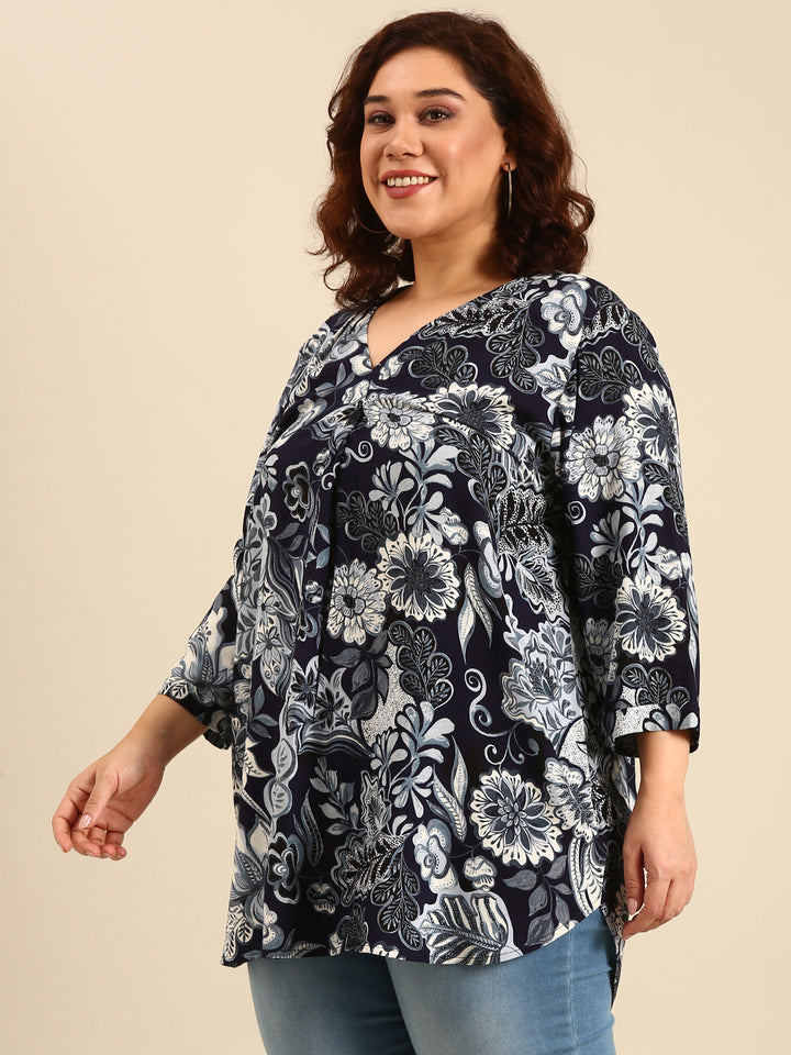 Navy Floral Long Line Tunic