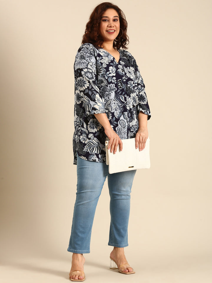 Navy Floral Long Line Tunic